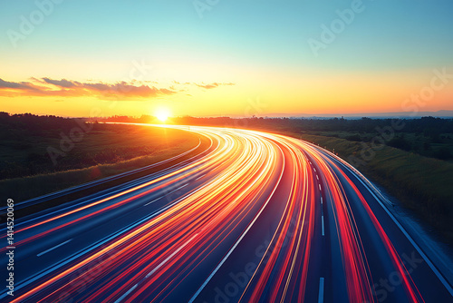 Spectacular Sunset Highway: Light Trails and Vibrant Horizon for Modern Travel Concepts