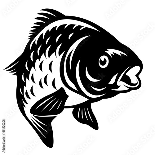 Black and white illustration of a carp fish swimming to the top