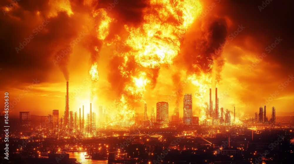 A city is on fire with a large plume of smoke rising into the sky A city is on fire with a large plume of smoke rising into the sky