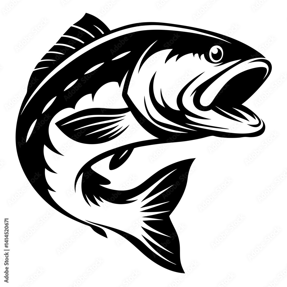 Black and white drawing of a fish jumping with an open mouth Black and white drawing of a fish jumping with an open mouth
