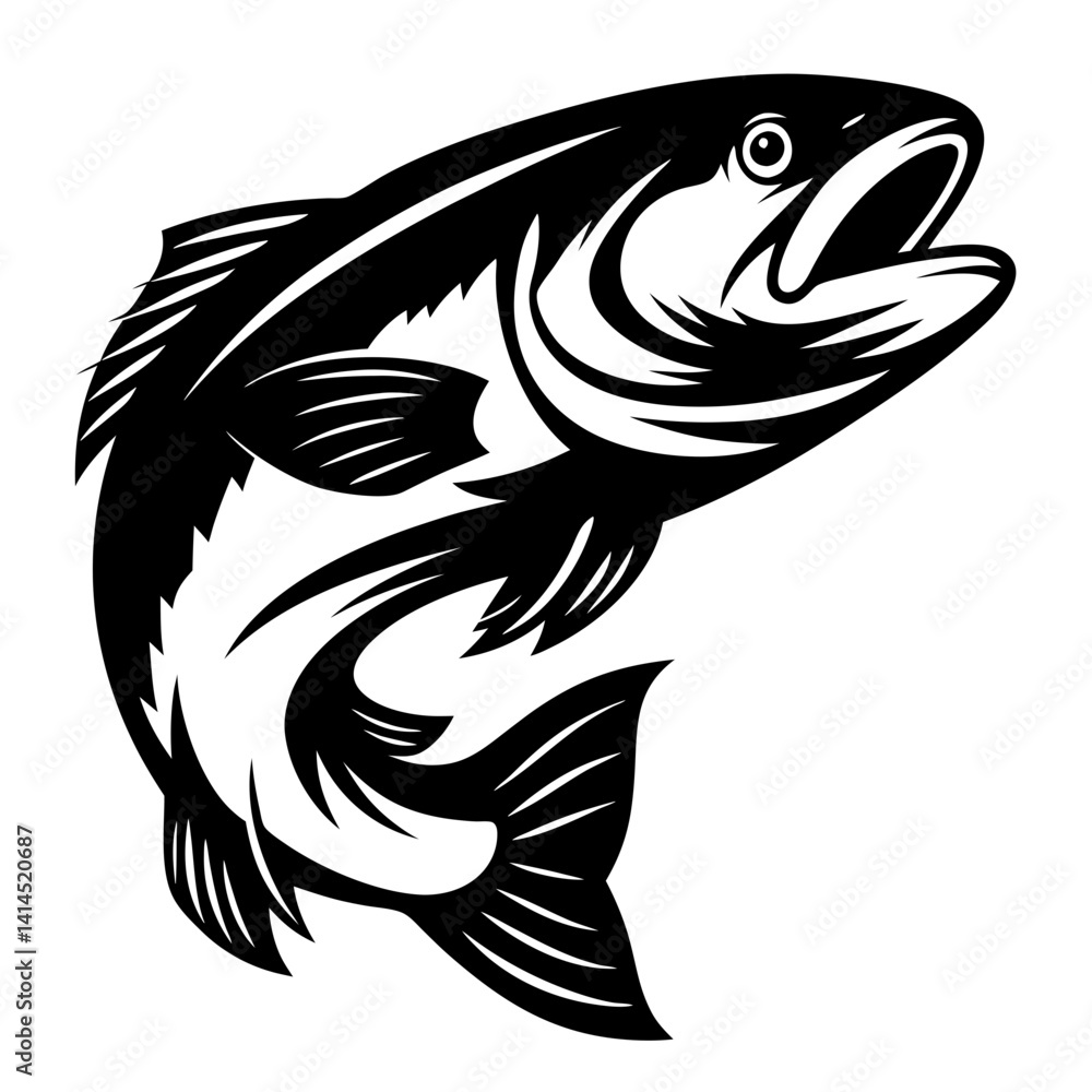 Obraz premium Stylized black and white illustration of a jumping fish in mid air