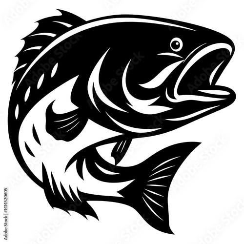 Black and white graphic illustration of a jumping largemouth bass fish