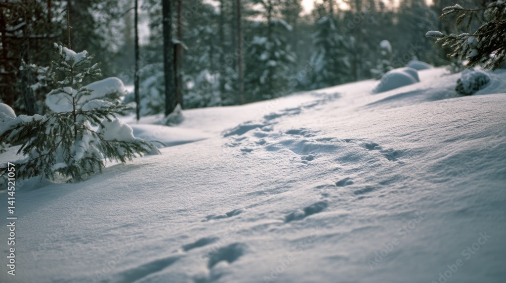 Footprints trace a snowy forest path under the dim light, enveloped by tall pine trees in serene winter stillness.