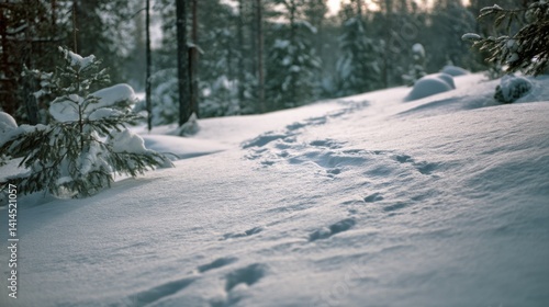 Obraz na płótnie Footprints trace a snowy forest path under the dim light, enveloped by tall pine trees in serene winter stillness. w salonie