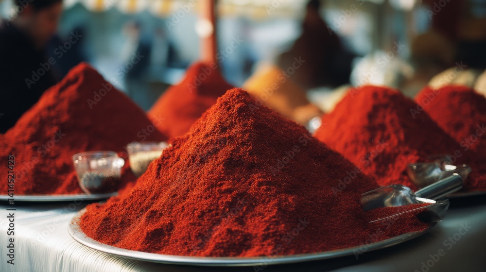 Piles of vibrant red spice creating eye-catching visuals on metal trays in a bustling market setting.