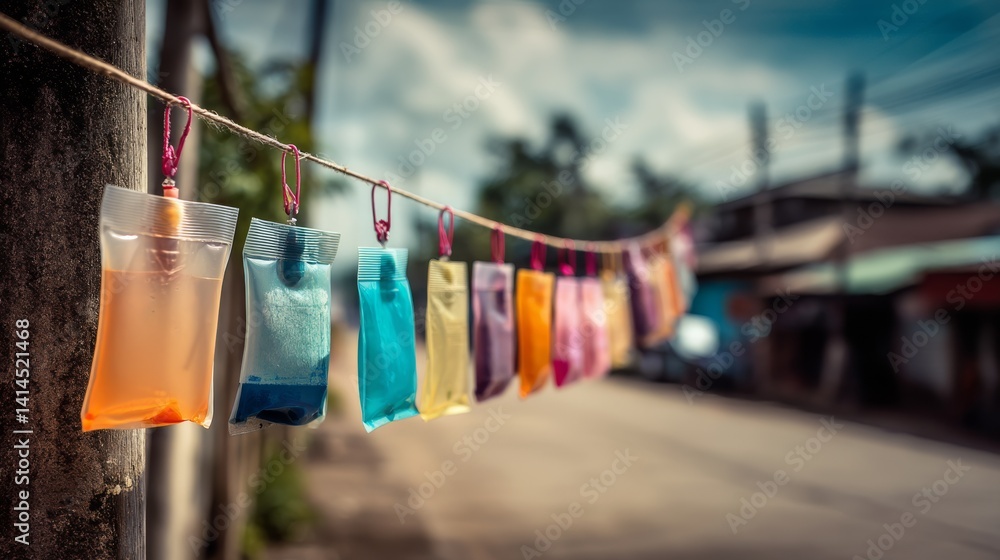An artsy display of vibrant pouches strung along a cord, swaying in the breeze against a sunlit suburban backdrop.