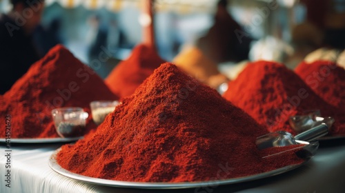 Obraz na płótnie Piles of vibrant red spice creating eye-catching visuals on metal trays in a bustling market setting. w salonie