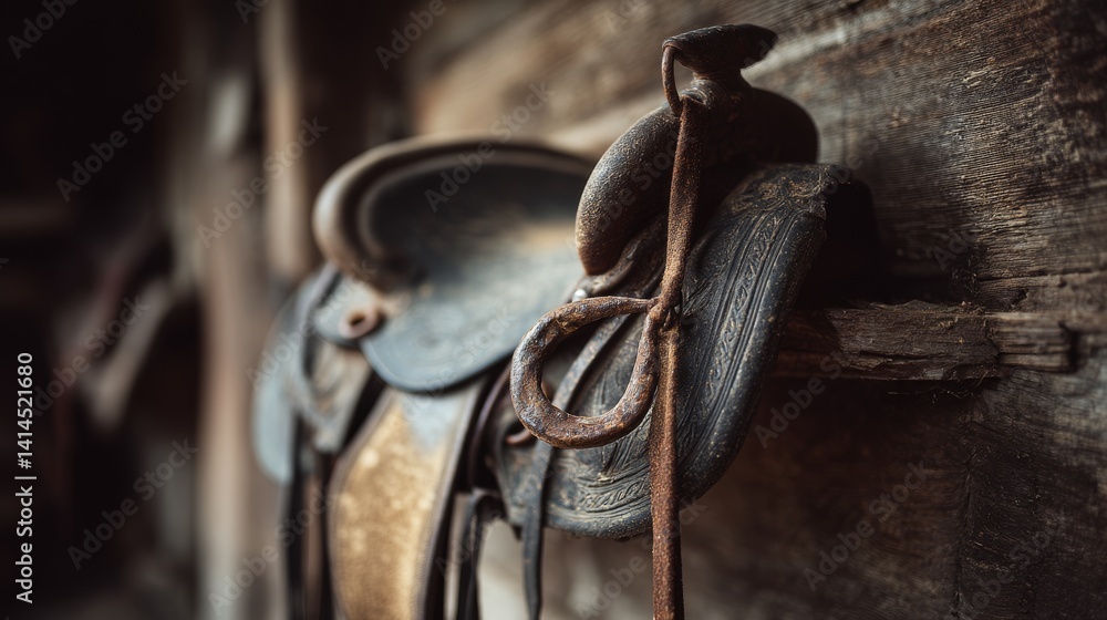 A nostalgic close-up of an antique saddle, with rich textures and details evoking the rustic charm of bygone equestrian life.