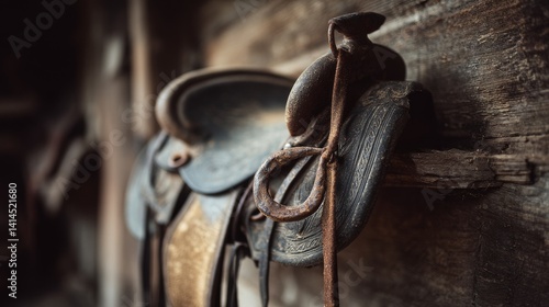 Obraz na płótnie A nostalgic close-up of an antique saddle, with rich textures and details evoking the rustic charm of bygone equestrian life. w salonie