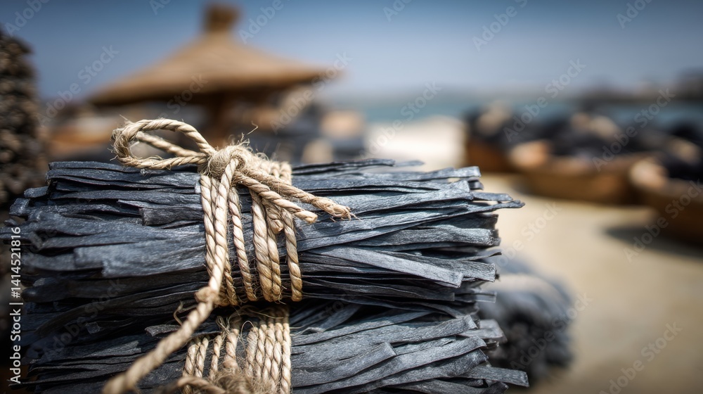 Bundles of dried seaweed tied with rope rest under the seaside sun, evoking coastal industry and the texture of maritime harvests.