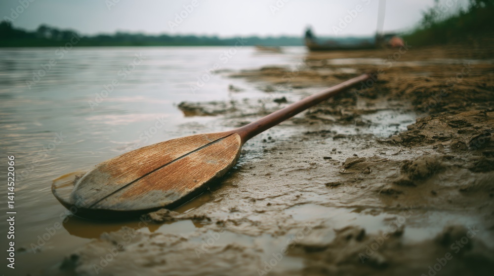 A solitary oar lies on muddy riverbank, reflecting tales of tranquil wanderings under a muted sky.