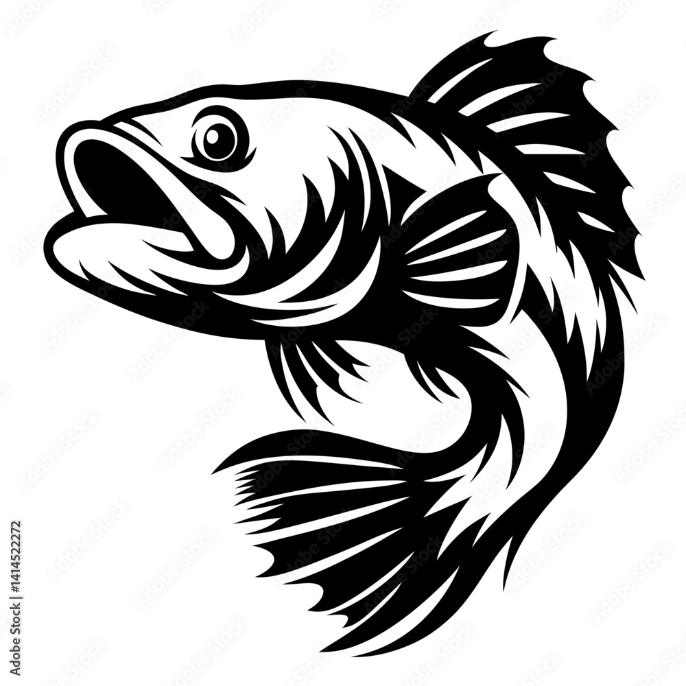 Striking black and white illustration of a leaping largemouth bass fish Striking black and white illustration of a leaping largemouth bass fish