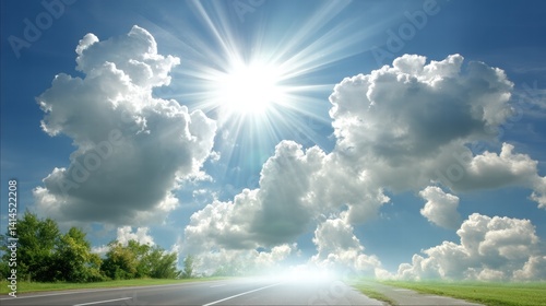 Bright Sunlight Illuminating Clouds Over a Serene Open Road