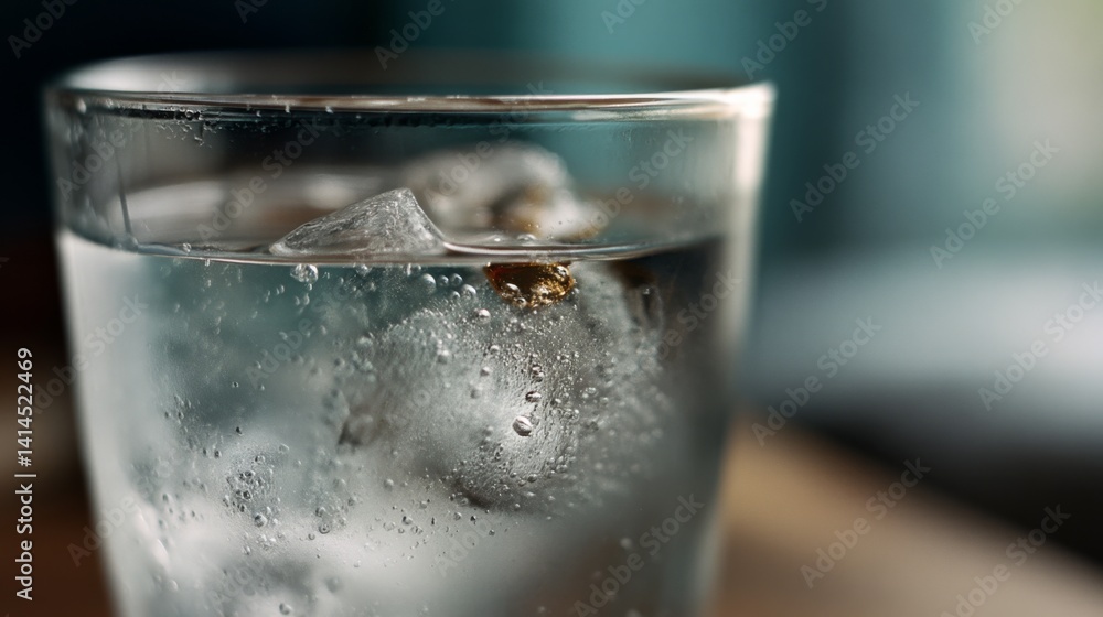 Close-up of a sparkling glass filled with iced water, capturing the refreshing clarity and texture of the ice under soft light.