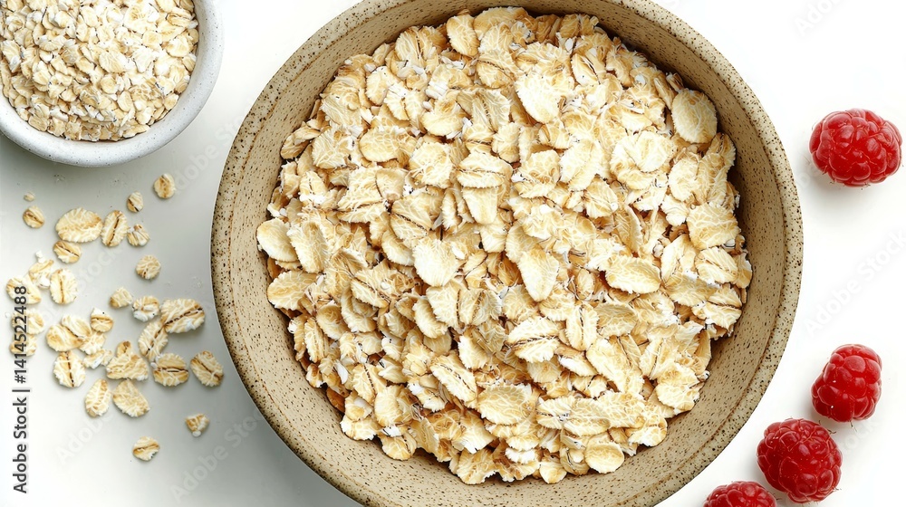 Close-up of a ceramic bowl filled with flaky rolled oats and vibrant red raspberries on a bright white background, highlighting natural textures and wholesome breakfast ingredients Close-up of a ceramic bowl filled with flaky rolled oats and vibrant red raspberries on a bright white background, highlighting natural textures and wholesome breakfast ingredients