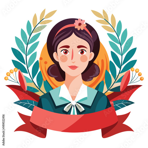 Woman with floral wreath and ribbon