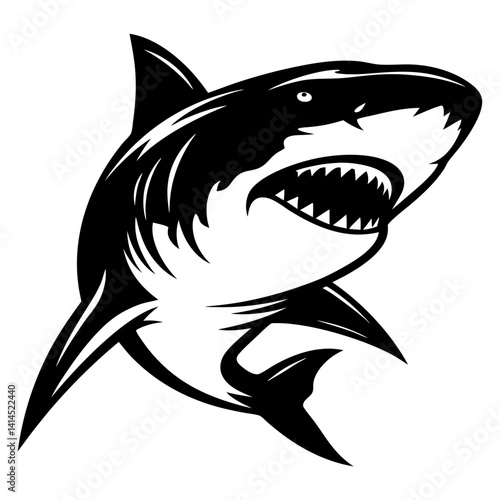 Black and white graphic illustration of a ferocious Great White Shark