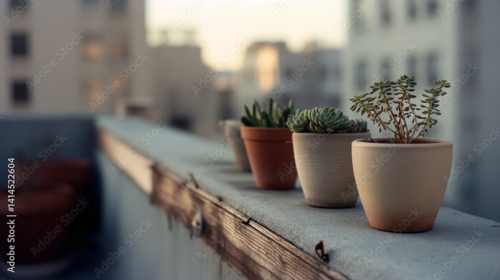 Sunlit succulents line an urban balcony, casting gentle shadows over their clay pots against the backdrop of a soft-focus cityscape. Sunlit succulents line an urban balcony, casting gentle shadows over their clay pots against the backdrop of a soft-focus cityscape.