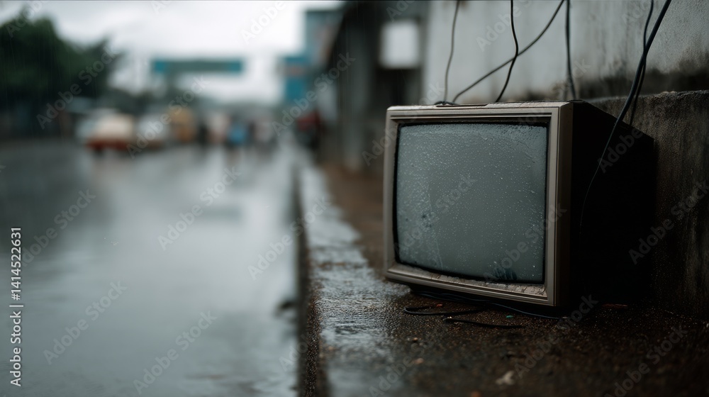 An old television sits abandoned on a rain-soaked street, blending reality and nostalgia under a gloomy, wet urban scene.