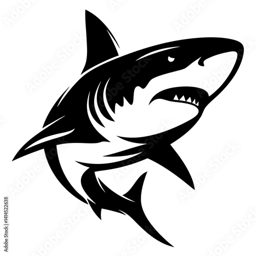 Monochrome illustration of a powerful great white shark swimming upwards aggressively