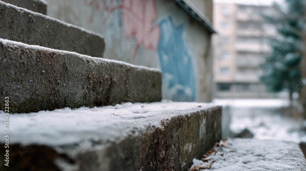 Snow-dusted concrete steps with graffiti and distant buildings, evoking an urban, desolate winter scene.