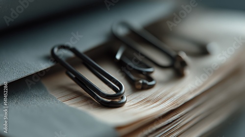 Metal paperclips rest on the edge of a stack of documents, symbolizing order in the midst of a busy office setting.