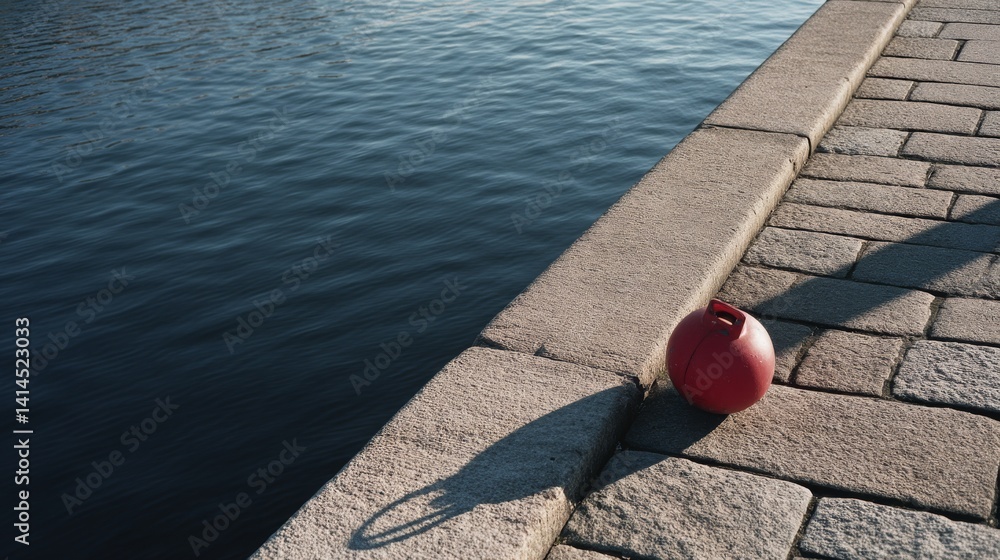 A red buoy rests against the edge of a cobbled pier, casting a long shadow over the blue, rippling water, reflecting simplicity and solitude.