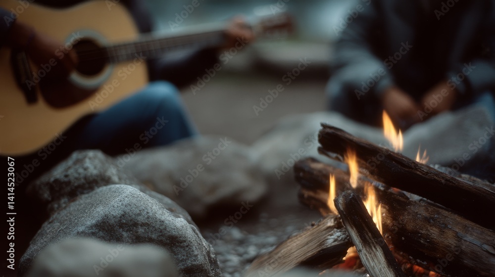 A serene campfire scene with a guitar player in the background, warm flames flicker between logs, creating an inviting and musical outdoor gathering.