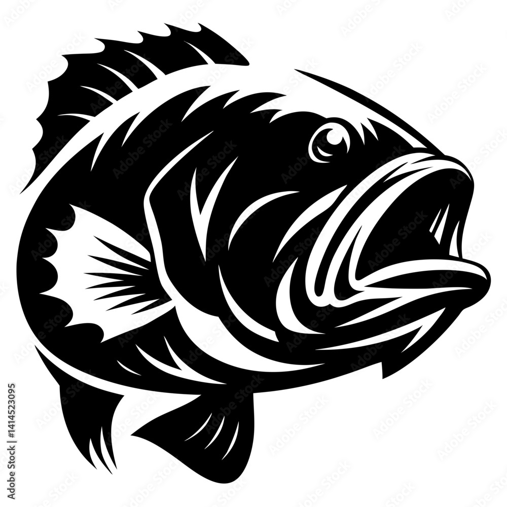 Naklejka premium Stylized Black and White Illustration of a Largemouth Bass with Open Mouth
