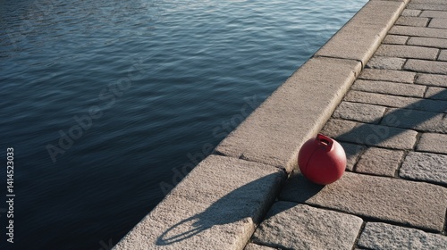 Obraz na płótnie A red buoy rests against the edge of a cobbled pier, casting a long shadow over the blue, rippling water, reflecting simplicity and solitude. w salonie