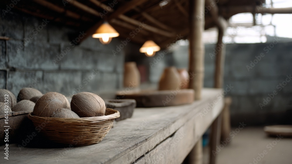 A rustic kitchen shelf with baskets of coconuts and traditional pottery under warm lighting.