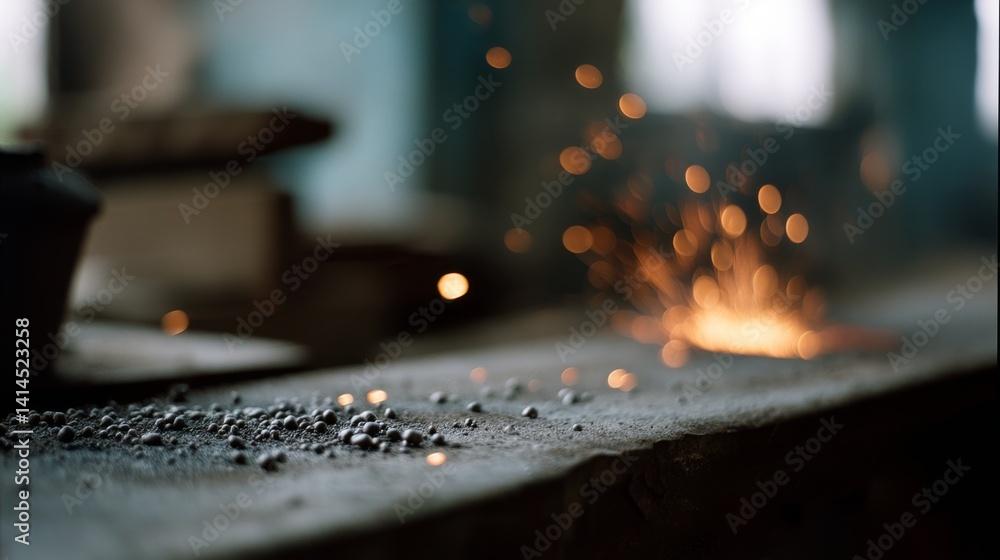 Sparks burst dramatically in a workshop, illuminating the industrious environment with their fiery brilliance.