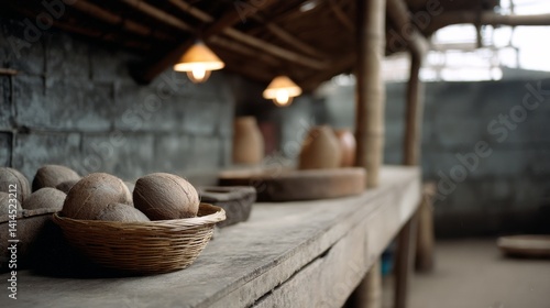 Obraz na płótnie A rustic kitchen shelf with baskets of coconuts and traditional pottery under warm lighting. w salonie