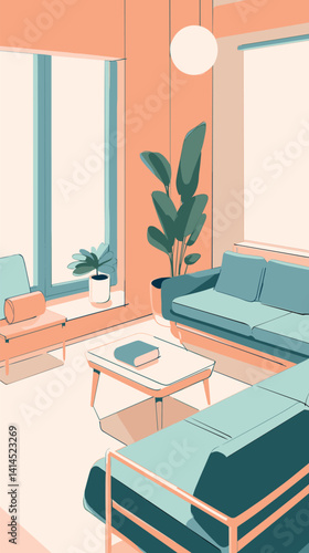 Minimalist living room with plants and pastel colors flat vector illustration