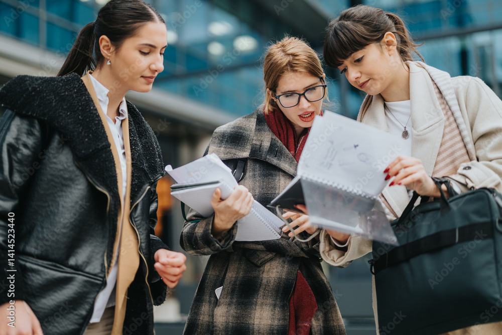 Three professional women review documents in an outdoor city setting, collaborating and sharing ideas.
