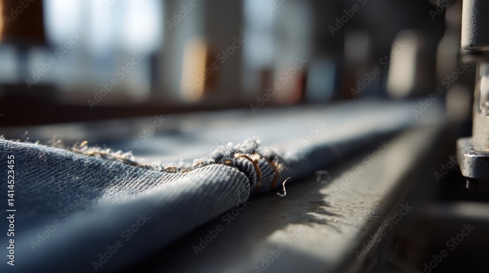 A close-up of denim fabric, capturing its rugged texture and detailing under focused lighting.