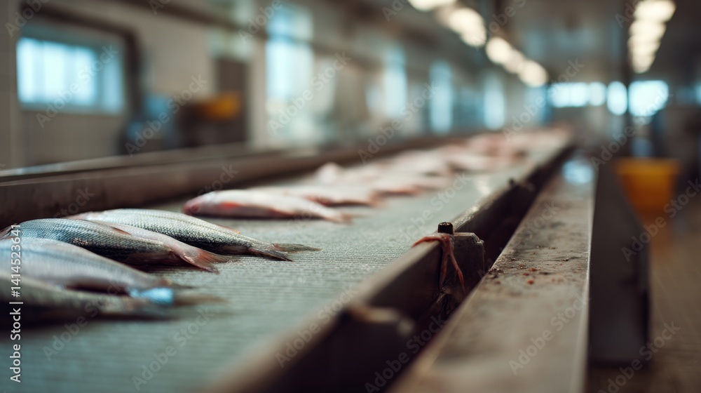 In a fish processing plant, fish line up on a conveyor belt reflecting an industrial atmosphere of precision and productivity.