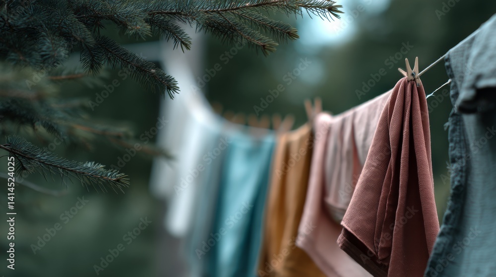 Soft-focus view of colored clothes drying on a line amid lush greenery, set against an evergreen branch foreground, evoking an idyllic rustic life.
