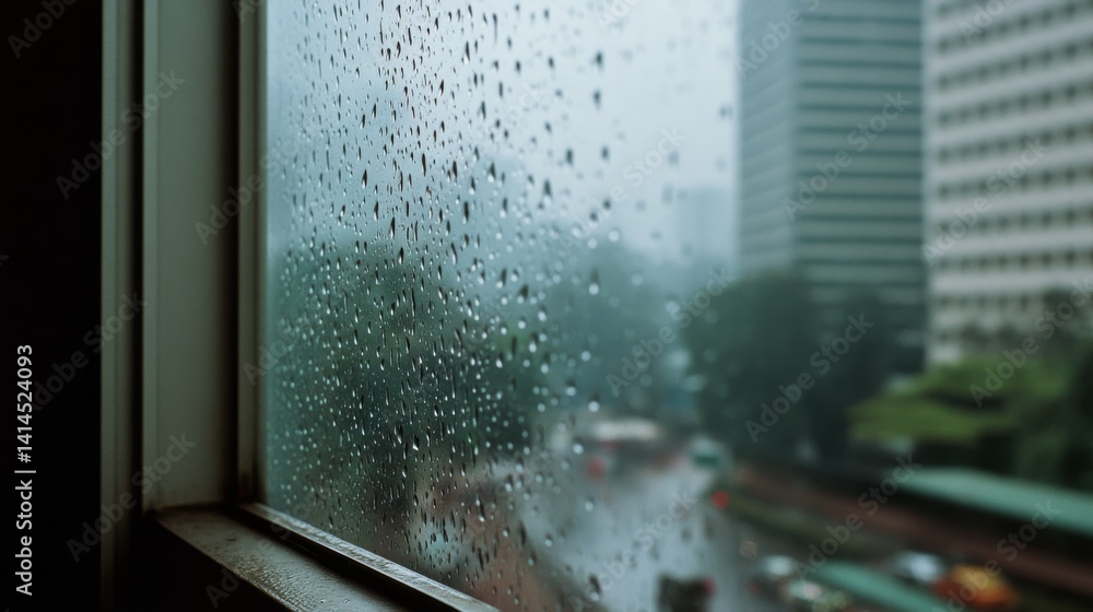 Raindrops trail down a window, offering a blurred perspective of the bustling city beyond, conveying a sense of quiet introspection.