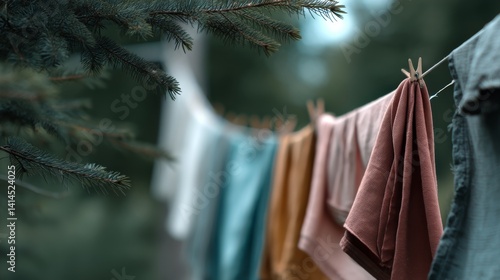Obraz na płótnie Soft-focus view of colored clothes drying on a line amid lush greenery, set against an evergreen branch foreground, evoking an idyllic rustic life. w salonie