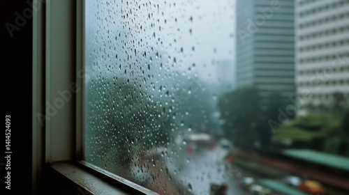 Obraz na płótnie Raindrops trail down a window, offering a blurred perspective of the bustling city beyond, conveying a sense of quiet introspection. w salonie