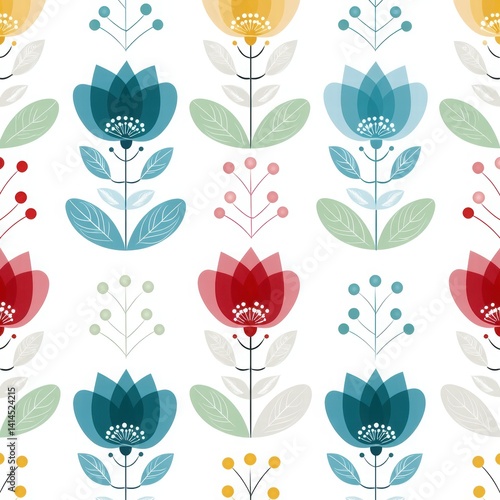Colorful Floral Pattern with Abstract Flowers and Leaves Design