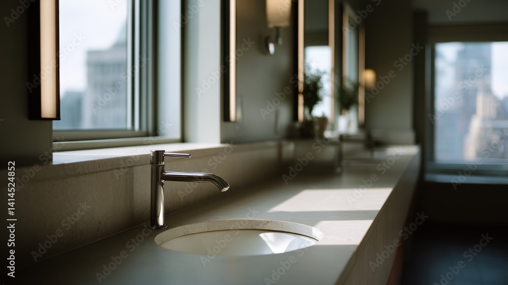 A sophisticated restroom scene, sunlight streaming through windows to highlight the elegant fixtures and warm ambient tones.