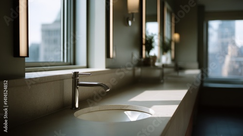 Obraz na płótnie A sophisticated restroom scene, sunlight streaming through windows to highlight the elegant fixtures and warm ambient tones. w salonie