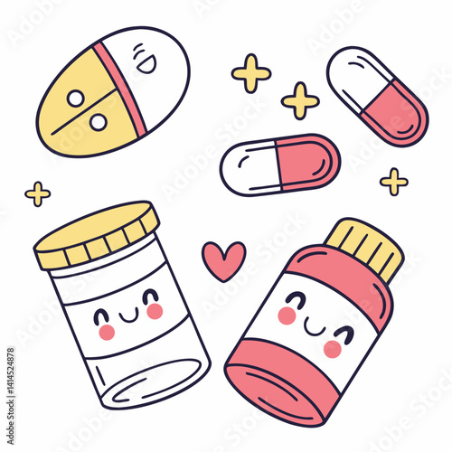 Cute icon set of supplements: capsules, tablets, soft gels, powder jar