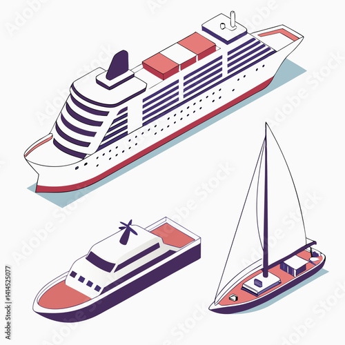 3D isometric ship icons: cruise ship, cargo ship, and sailboat