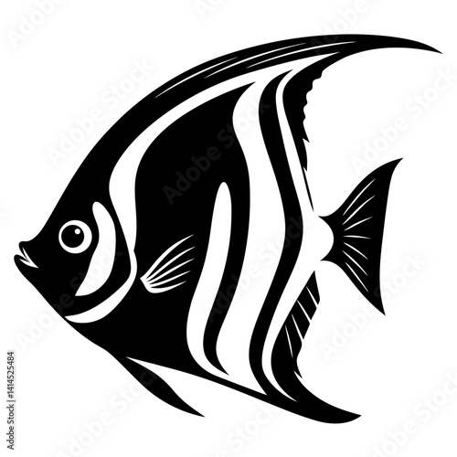 Stylized black and white image of an ornate angelfish in profile view