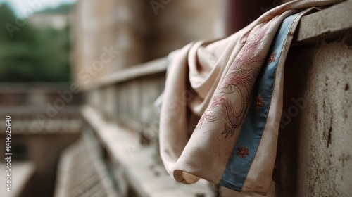 Obraz na płótnie A delicately embroidered fabric drapes elegantly over a rustic railing, harmonizing heritage with nature. w salonie