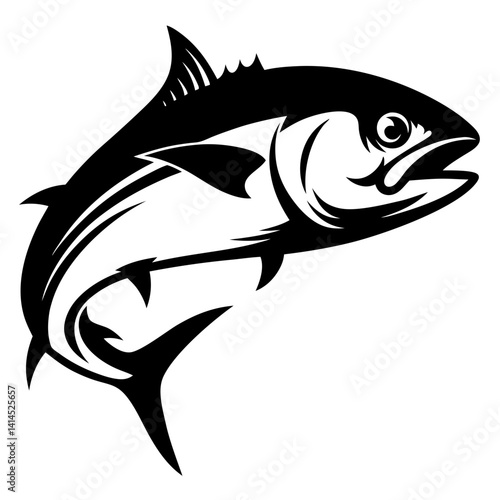 Majestic tuna fish leaps upwards in monochrome graphic illustration design