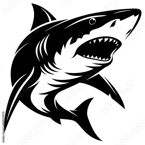Striking monochromatic depiction of a shark aggressively displaying its sharp teeth.